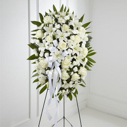Exquisite Tribute Standing Spray-White Ribbon –  Gateway Florist, Rockwood TN